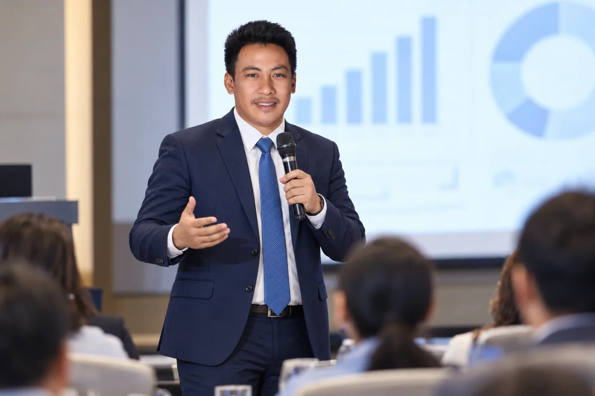 Ademar A. Aguinaldo holding a microphone during a presentation